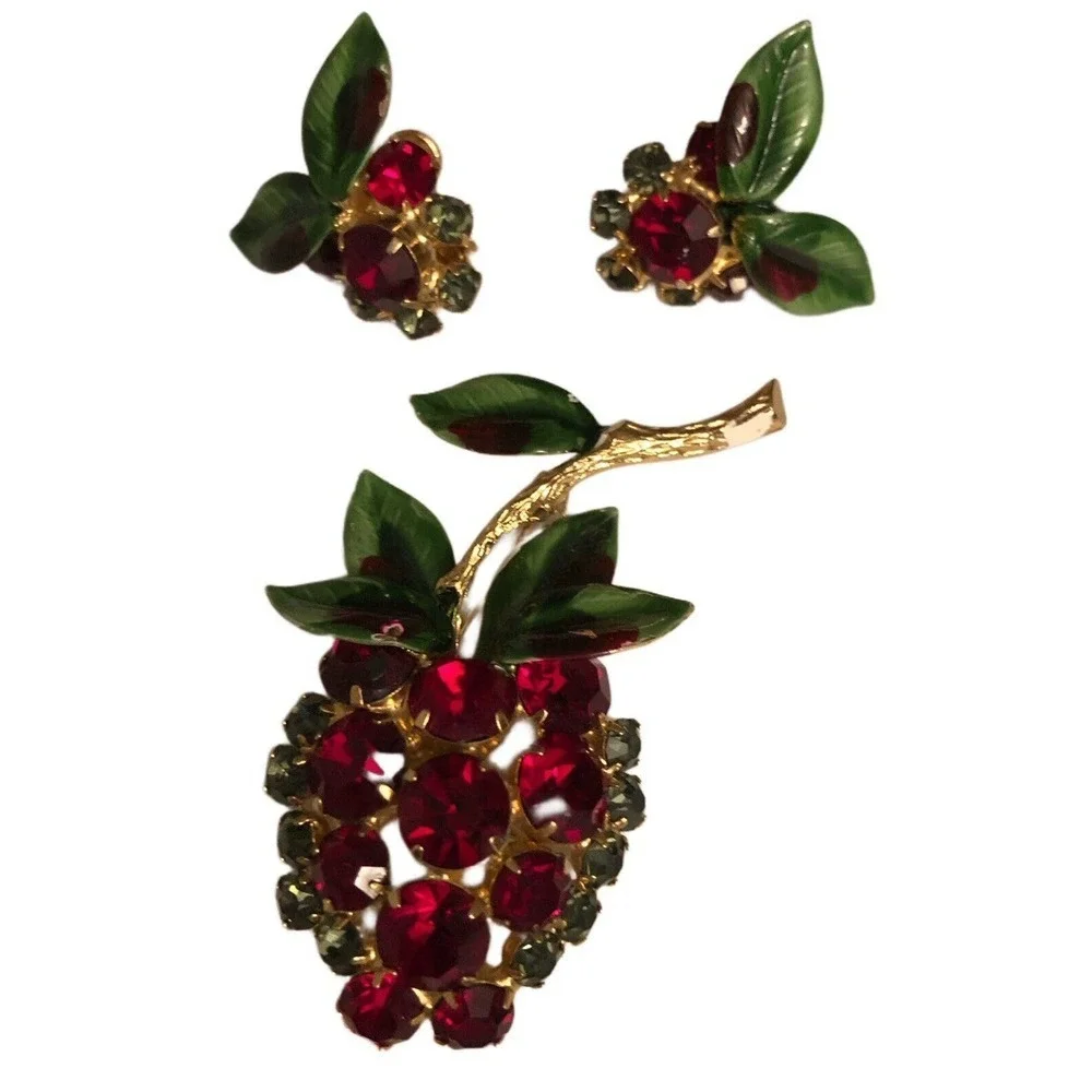 VTG Hobe 1965 Red Green Enameled Leaf Berries Rhinestone Brooch Earrings SET